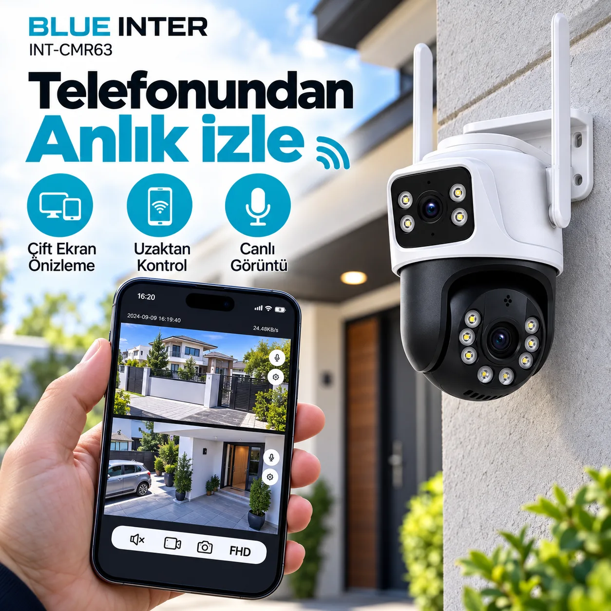 Blue Inter INT-CMR63 360° WiFi Akıllı Güvenlik Kamerası – Çift Kameralı, İnsan Algılamalı ve Gece Görüşlü