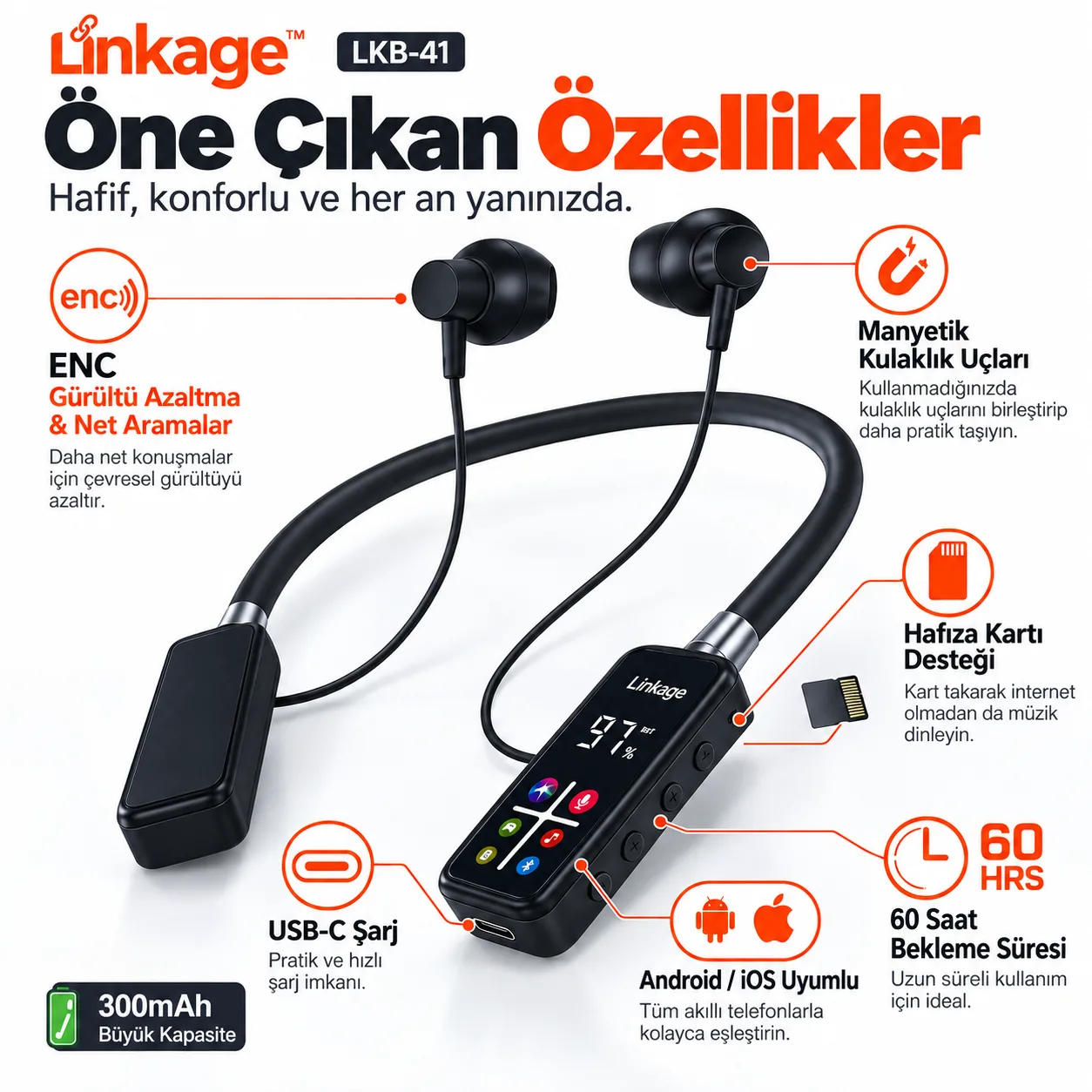 Linkage LKB-41 Boyunluk Bluetooth Kulaklık – Bluetooth 5.4, ENC Gürültü Azaltma ve Hafıza Kartı Destekli