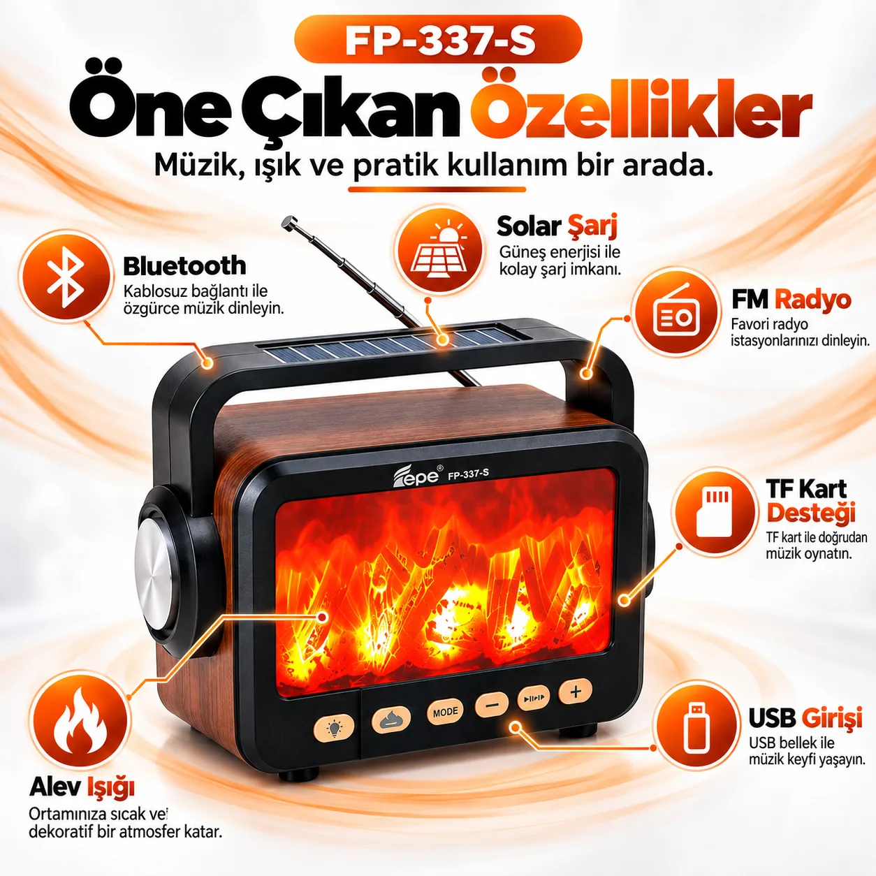 FP-337-S Kablosuz Bluetooth Hoparlör – Alev Efektli, Solar Şarjlı, FM Radyolu ve USB/TF Kart Destekli
