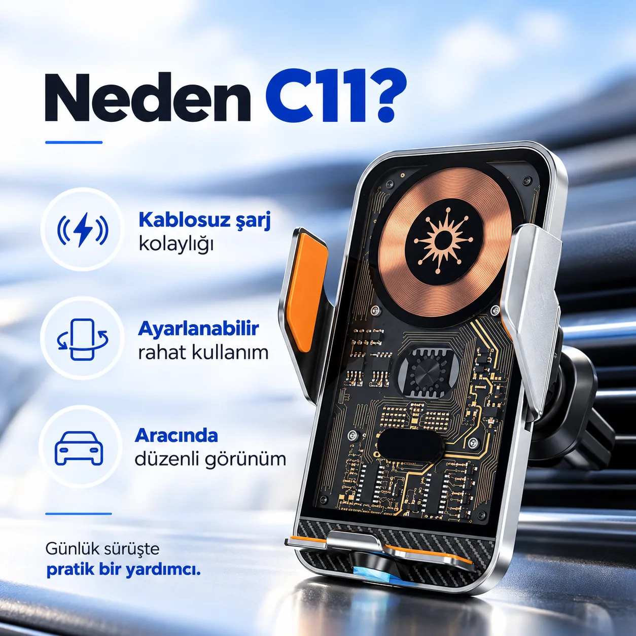 C11 Kablosuz Şarjlı Araç Telefon Tutucu – 15W Otomatik Açılır Kapanır