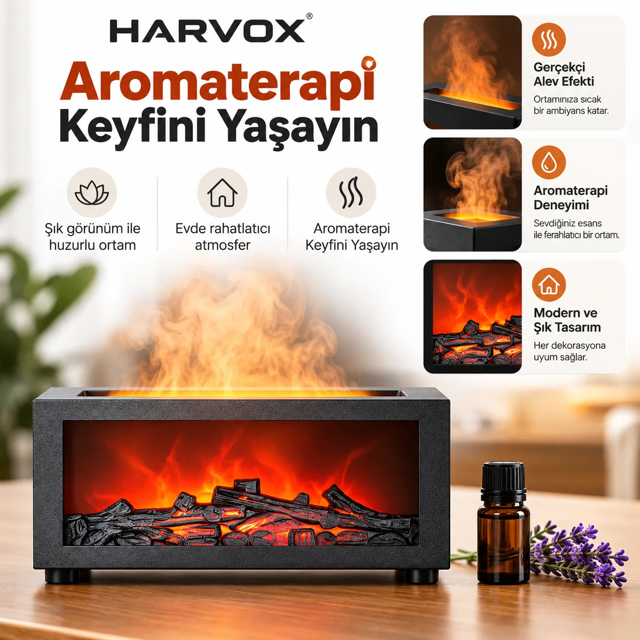 Harvox Alev Efektli Aroma Difüzör – Ultrasonik Hava Nemlendirici ve Aromaterapi Cihazı