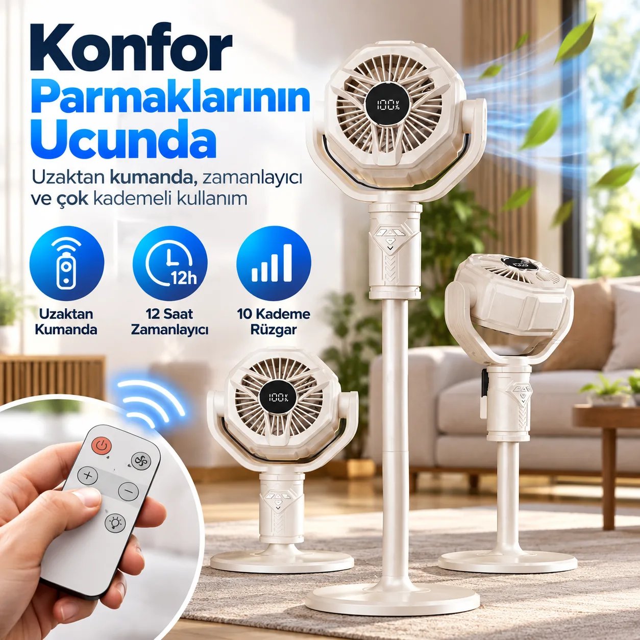 F10 Çok Amaçlı Ayaklı Vantilatör – 10 Kademeli, Otomatik Salınımlı, Kumandalı ve Zamanlayıcılı