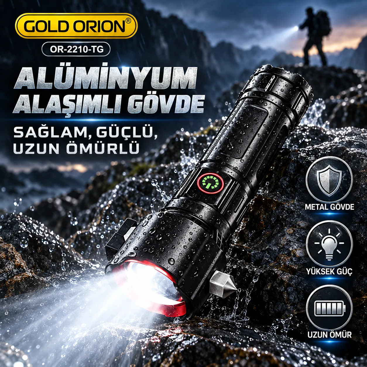Gold Orion OR-2210-TG 100W Şarjlı El Feneri – 1000 Metre Menzil, Alüminyum Alaşım