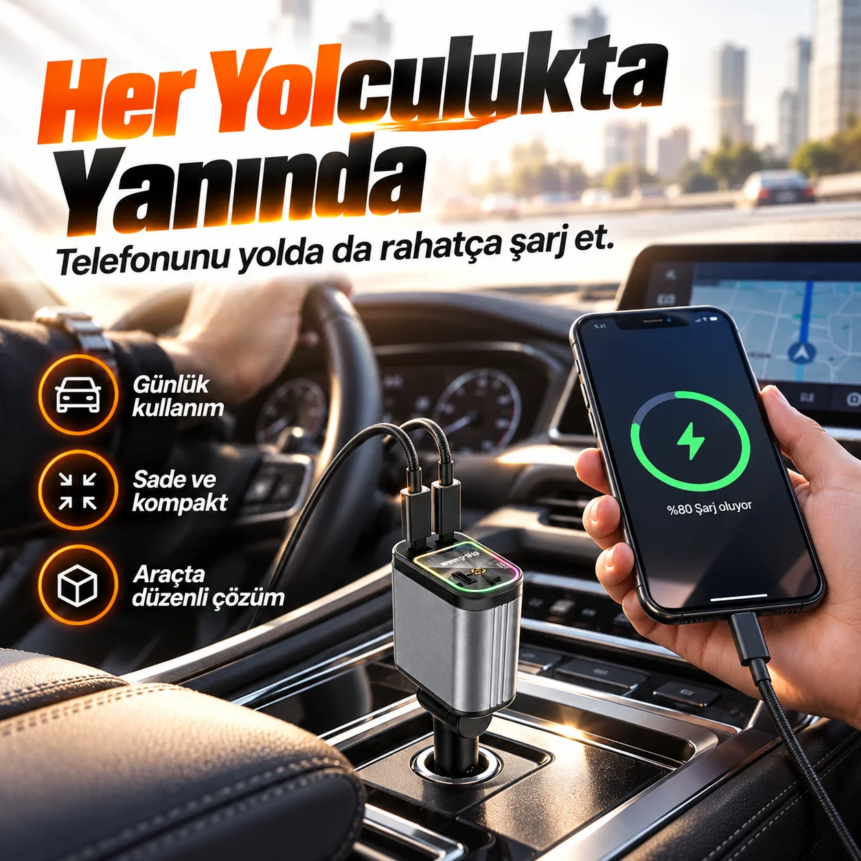 66W Araç Şarj Cihazı – Type-C, Lightning, RGB