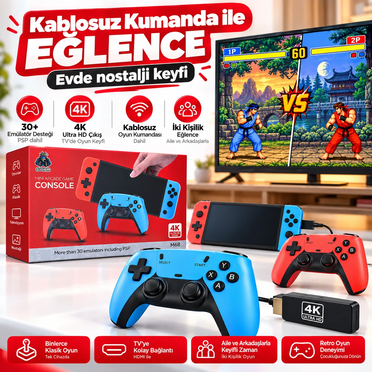 M68 Mini Arcade Game Console – 30+ Emülatör, 4K HDMI Çıkış ve Kablosuz Oyun Kolu