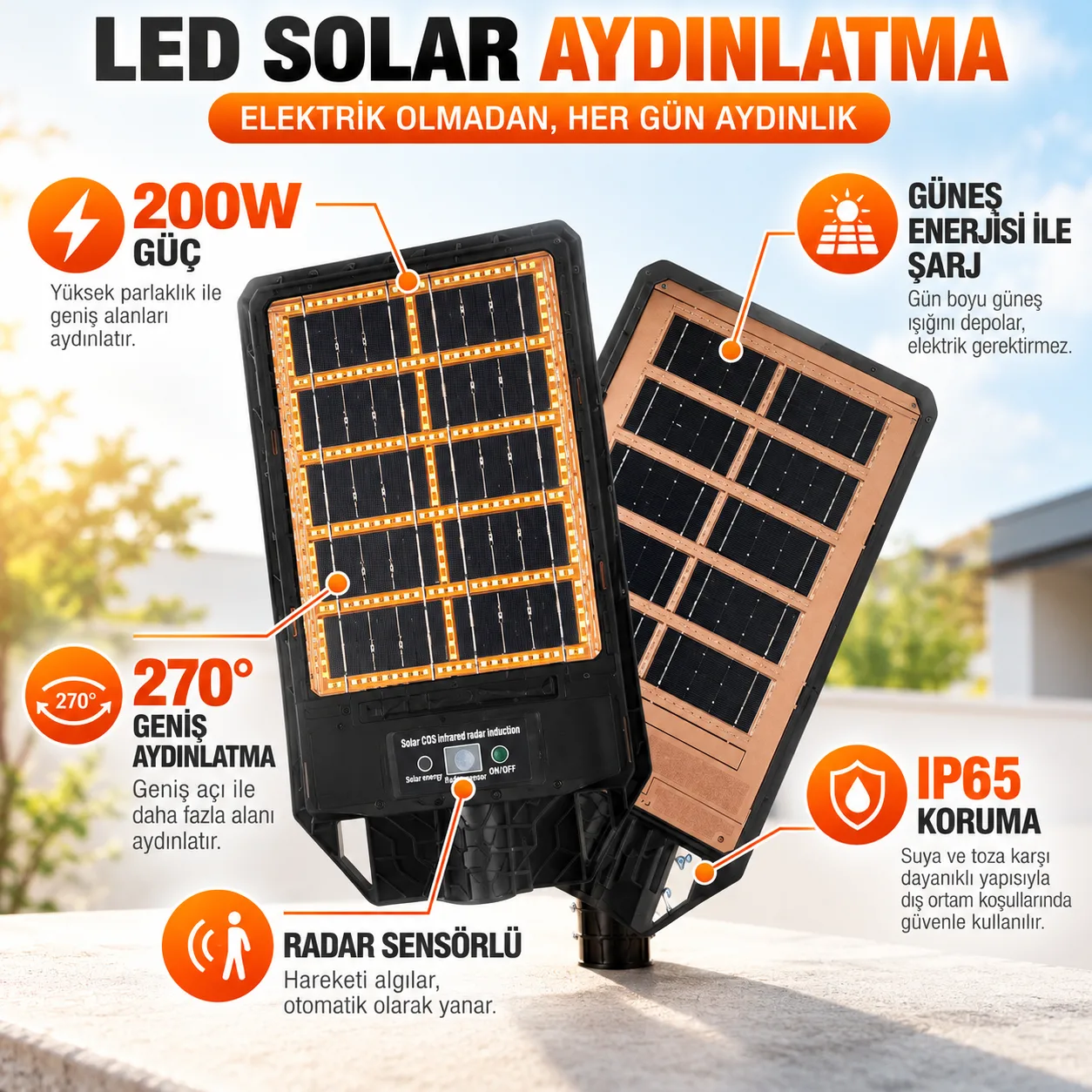 200W Güneş Enerjili LED Solar Sokak Lambası – IP65, Sensörlü ve Kumandalı Dış Mekan Aydınlatma