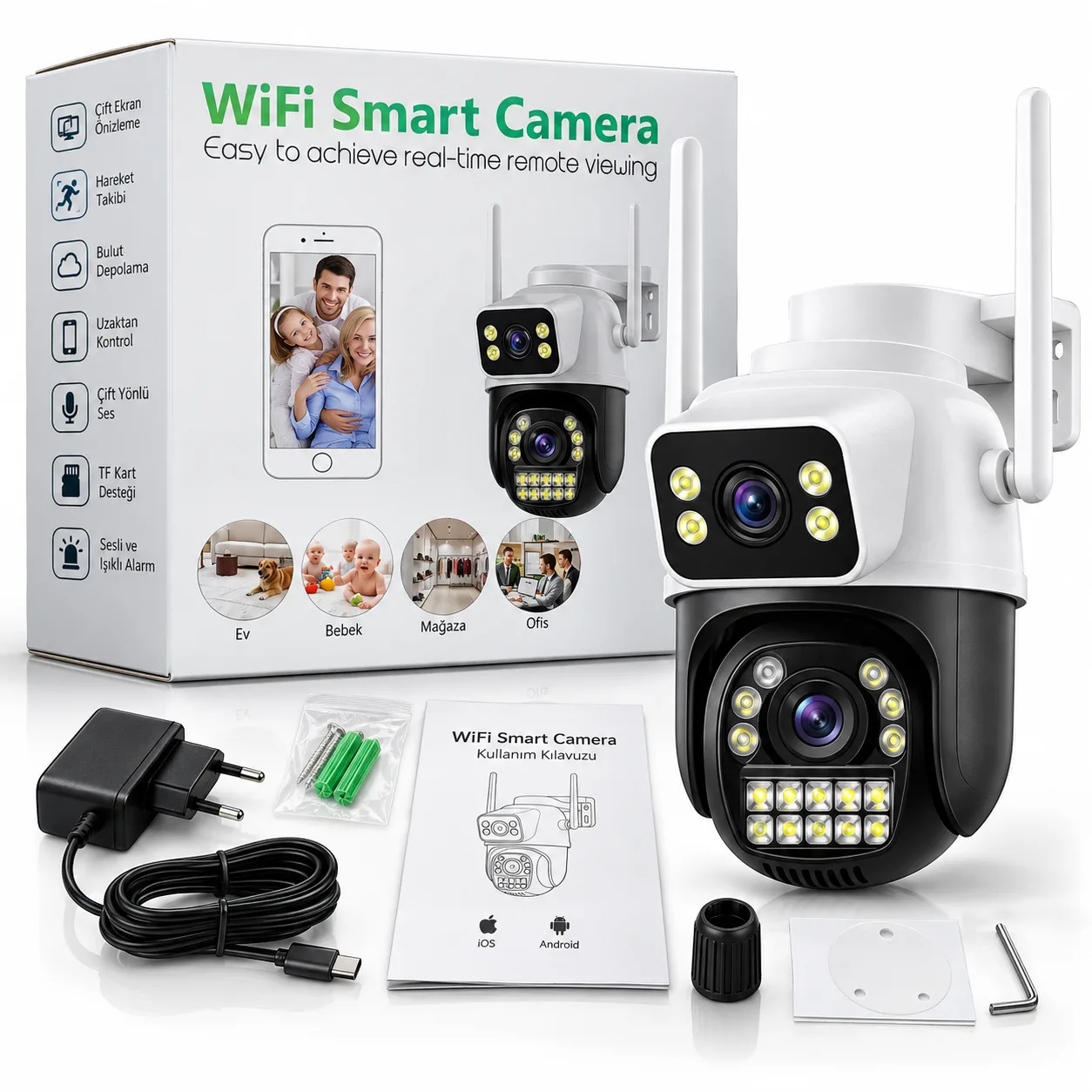WiFi Akıllı Güvenlik Kamerası – Çift Kameralı, Hareket Algılama, Gece Görüşü ve Sesli Görüşme