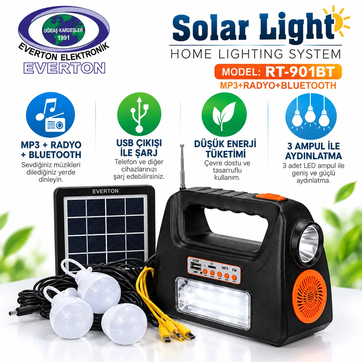 Everton RT-901BT Solar Aydınlatma Sistemi – Güneş Panelli, 3 Ampullü Taşınabilir Kamp Işığı