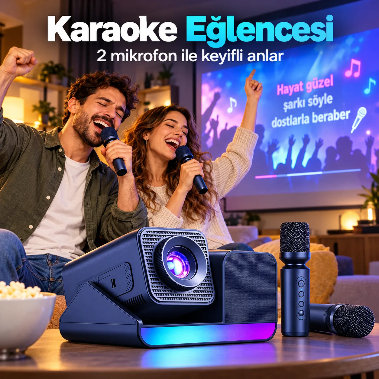 HEPU HP-SP01 Karaoke Projektör – 2 Mikrofonlu 3'ü 1 Arada Ev Sinema Projeksiyon Cihazı