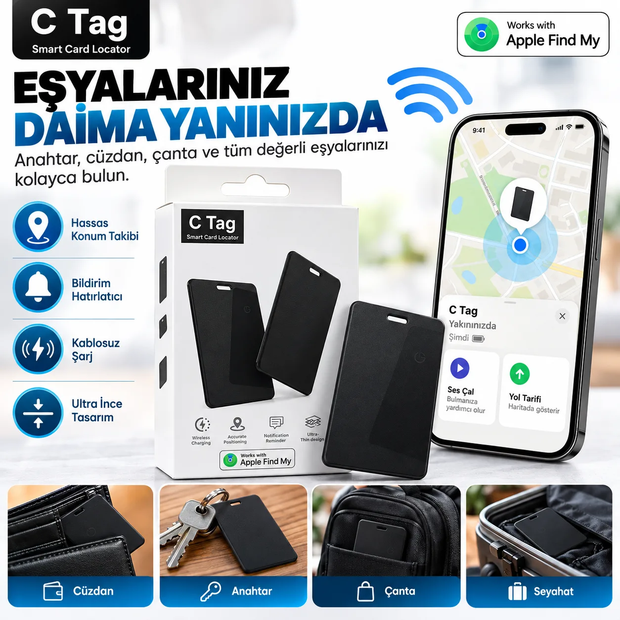 C Tag Apple Find My Uyumlu Akıllı Kart Takip Cihazı – Kablosuz Şarjlı Ultra İnce Konum Bulucu