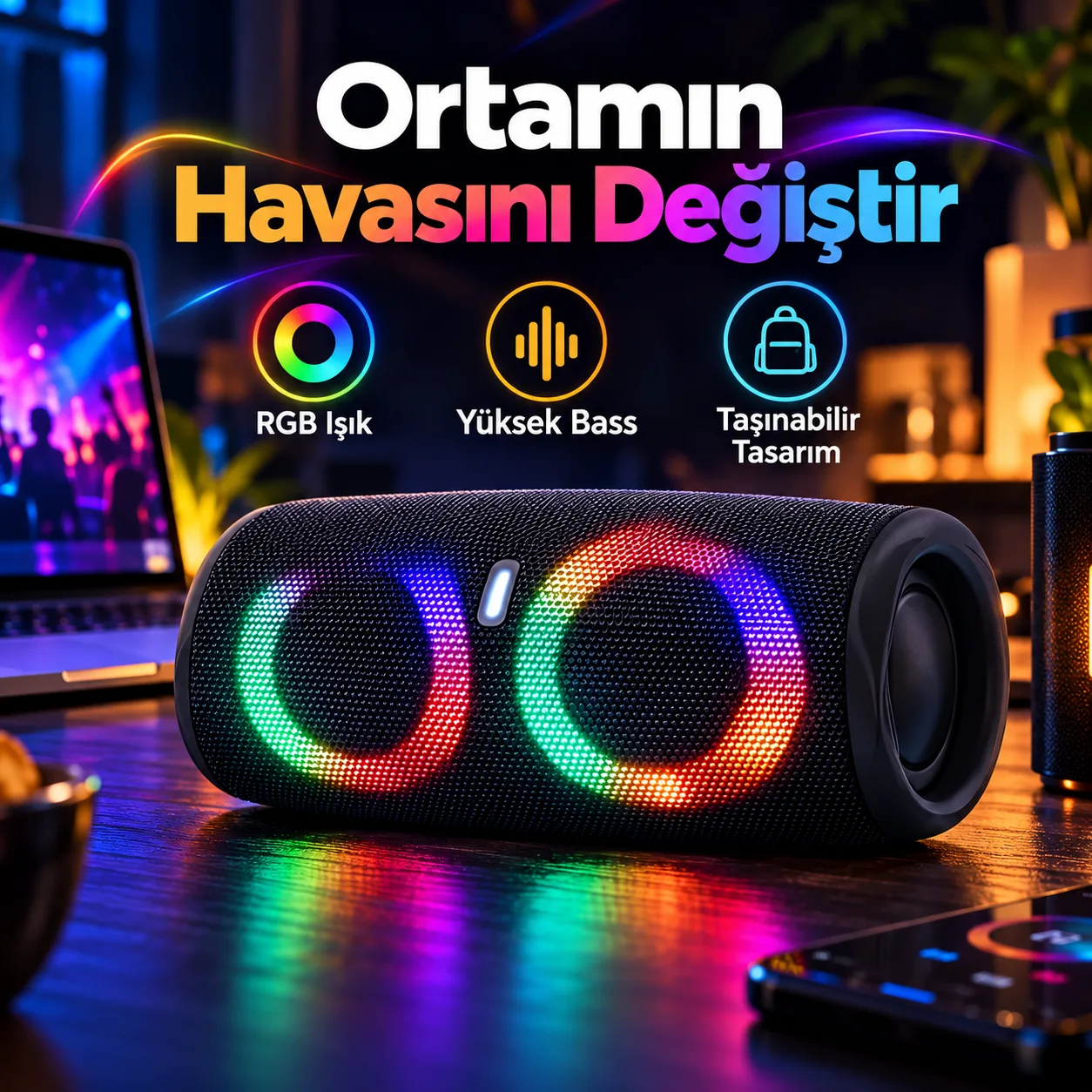 RGB Bluetooth Hoparlör – Su Geçirmez, Güçlü Bas