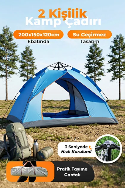 4 Kişilik Outdoor Otomatik Kamp Çadırı – 200x200x135 cm Su Geçirmez Hızlı Kurulum
