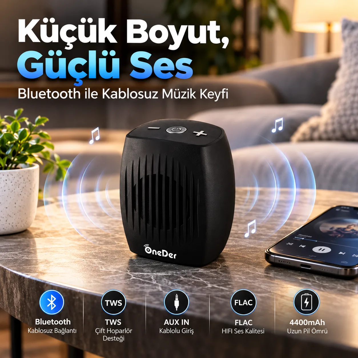 OneDer Bluetooth Hoparlör – TWS, AUX Girişli, FLAC Destekli 4400 mAh Taşınabilir Speaker