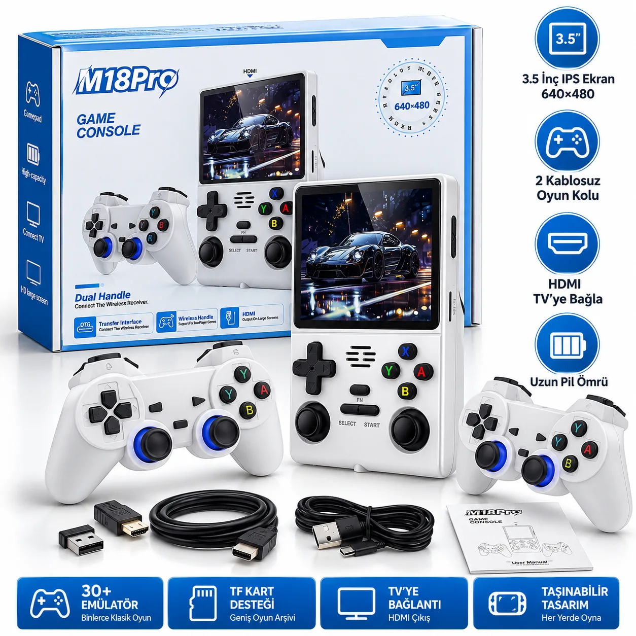 M18 Pro Retro Oyun Konsolu – 3.5 İnç Ekran, HDMI Çıkış ve 2 Kablosuz Oyun Kolu