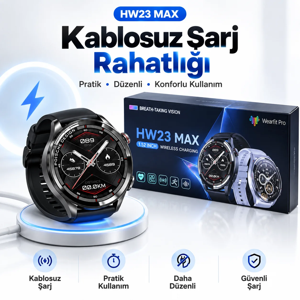 HW23 MAX Akıllı Saat – 1.52 İnç Geniş Ekran, Kablosuz Şarj ve WearFit Pro