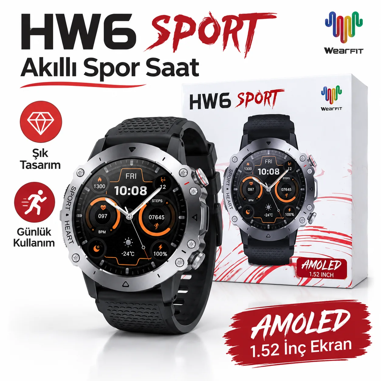 HW6 Sport Akıllı Saat – 1.52 İnç AMOLED Ekran, WearFit Destekli Spor Smartwatch