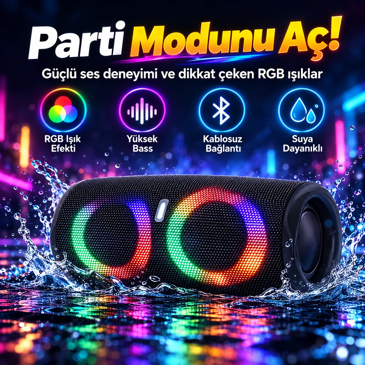 RGB Bluetooth Hoparlör – Su Geçirmez, Güçlü Bas