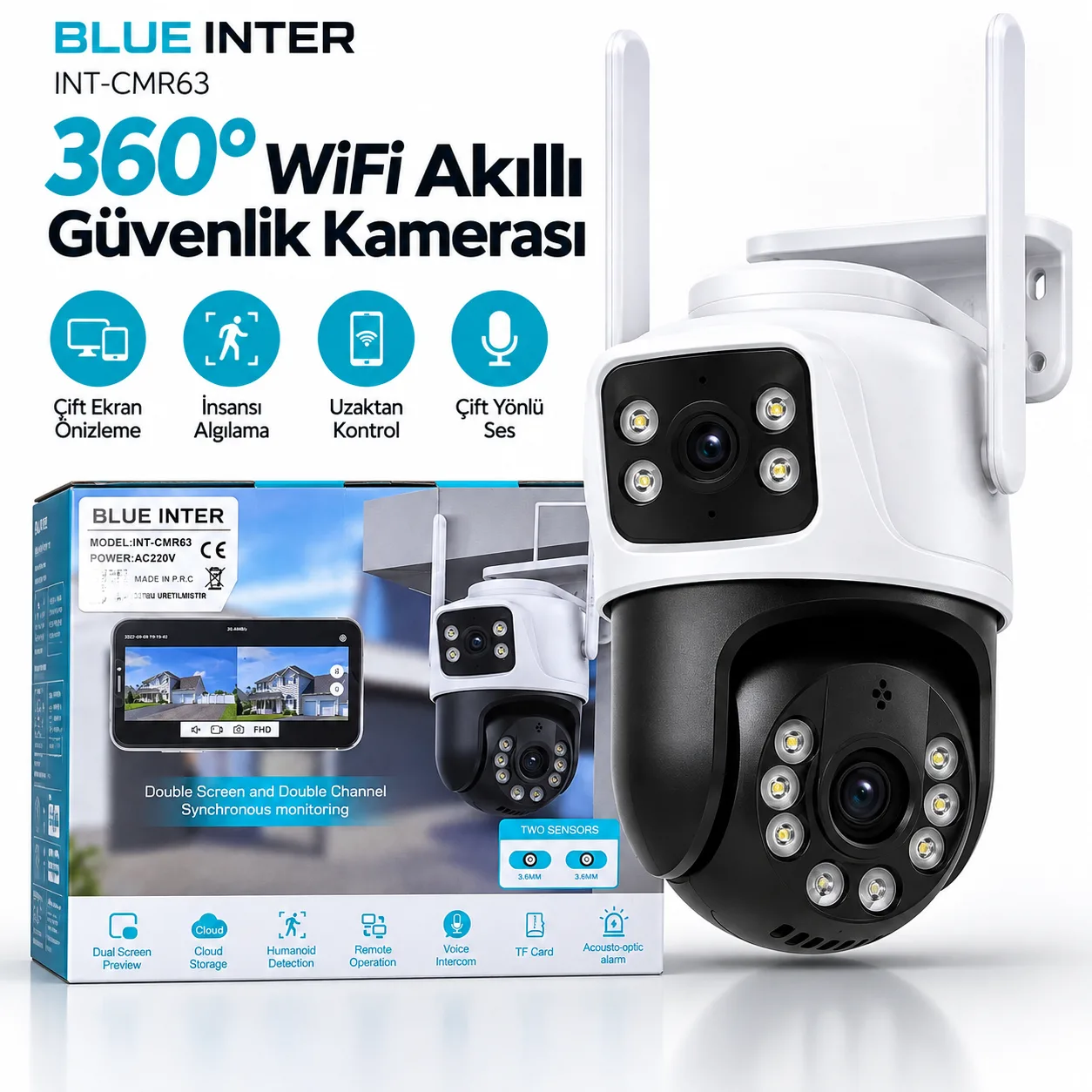 Blue Inter INT-CMR63 360° WiFi Akıllı Güvenlik Kamerası – Çift Kameralı, İnsan Algılamalı ve Gece Görüşlü