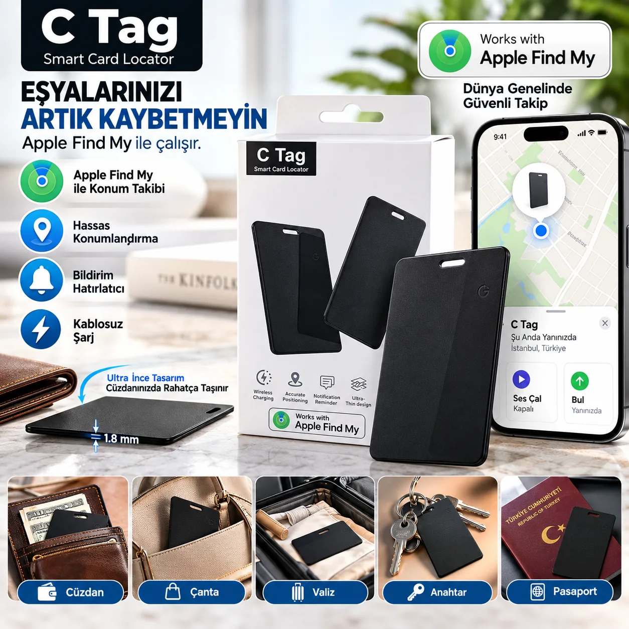 C Tag Apple Find My Uyumlu Akıllı Kart Takip Cihazı – Kablosuz Şarjlı Ultra İnce Konum Bulucu
