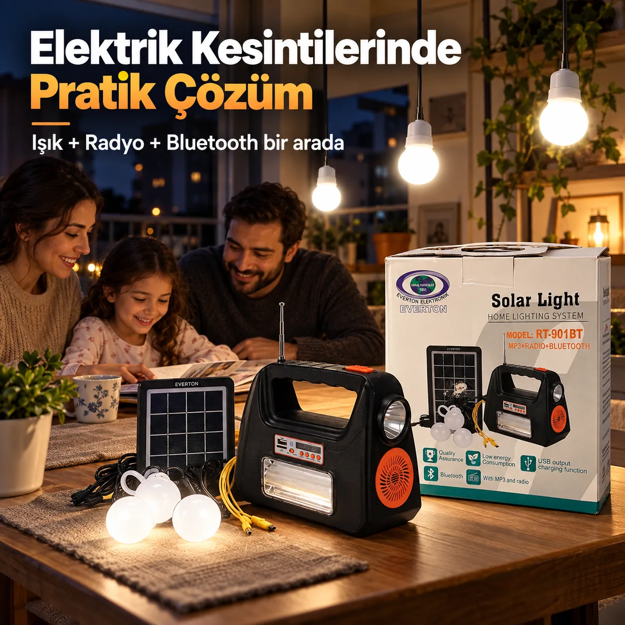 Everton RT-901BT Solar Aydınlatma Sistemi – Güneş Panelli, 3 Ampullü Taşınabilir Kamp Işığı