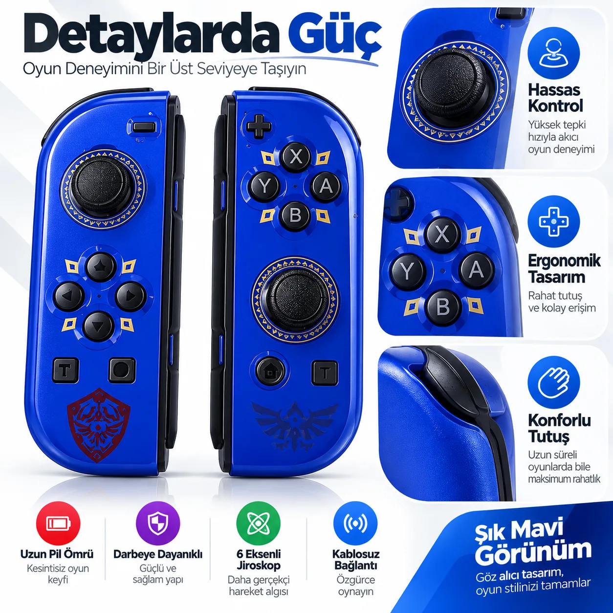 J-C Pad Kablosuz Oyun Kumandası Seti – Sol/Sağ Çift Kontrol, 6 Eksen Gyro ve Titreşim