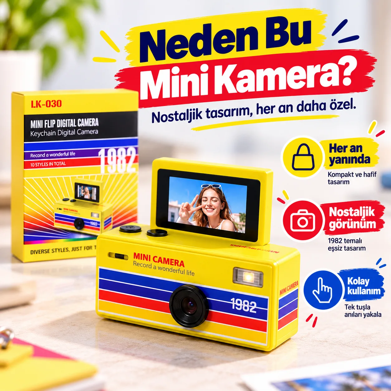 LK-030 Mini Flip Dijital Kamera – Retro Tasarım, Döner Ekranlı Cep Kamerası