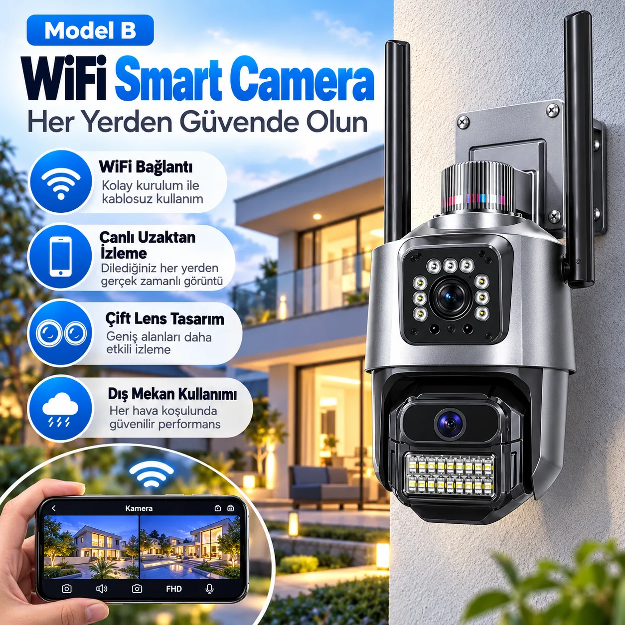 Model B Çift Lens WiFi Akıllı Güvenlik Kamerası – IP66, Gece Görüşlü ve Hareket Algılamalı