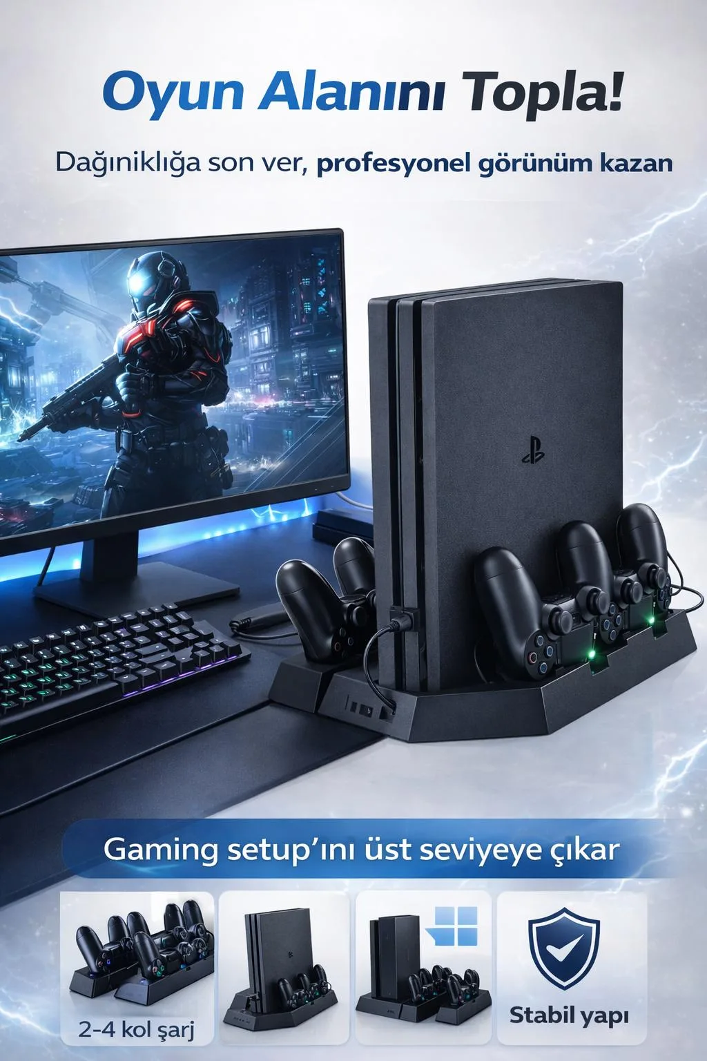 PS4 Dikey Stand ve Şarj İstasyonu – Slim/Pro Uyumlu – ürün görseli 5