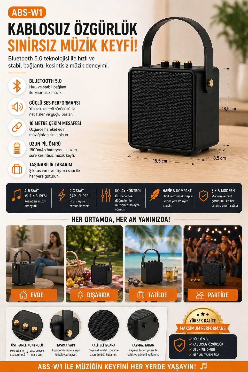 ABS-W1 Bluetooth Hoparlör – Taşınabilir, Uzun Pil – ürün görseli 5