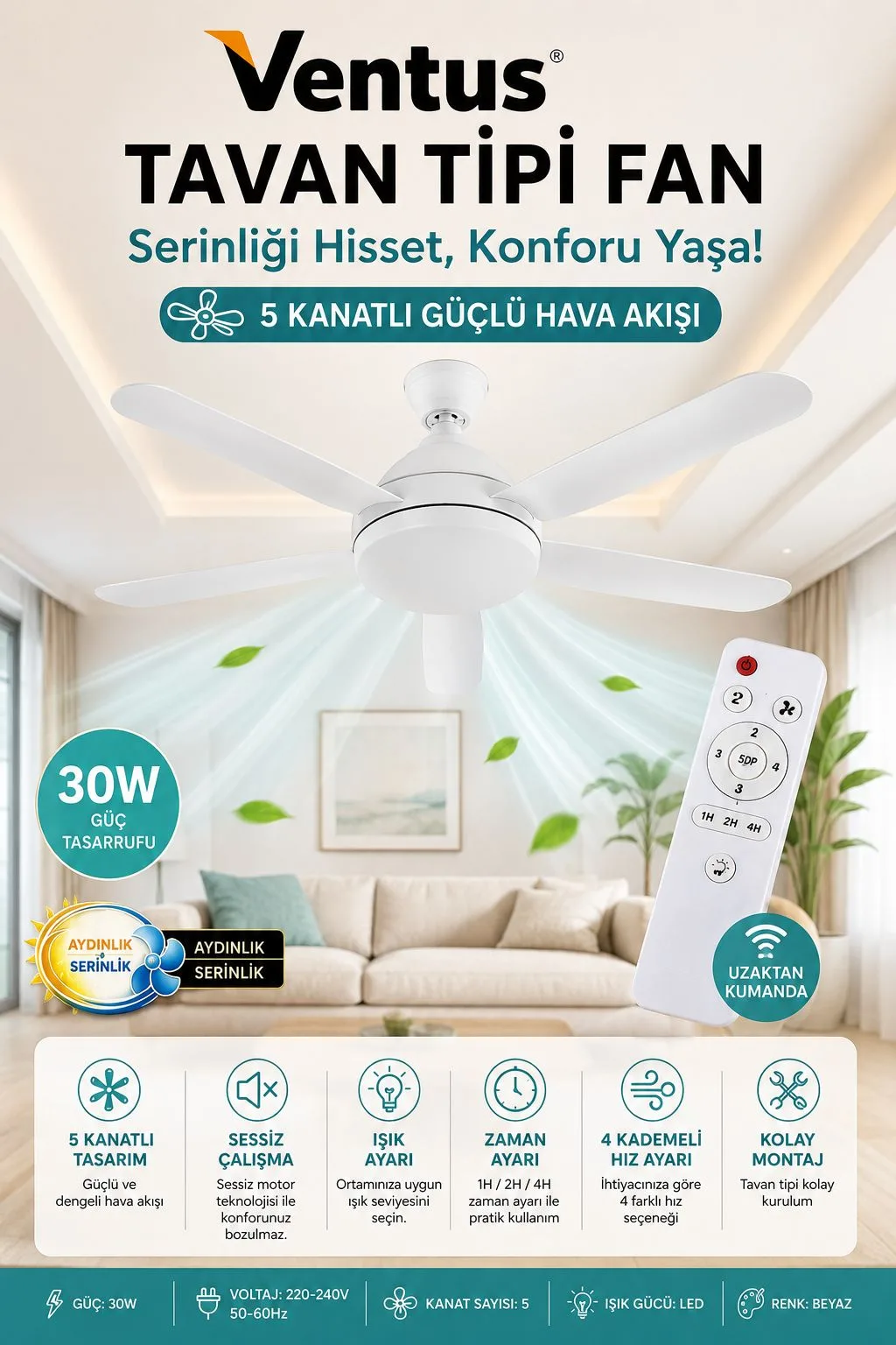 Ventus Tavan Tipi Fan – Kumandalı, LED, 5 Kanat – ürün görseli 6