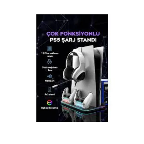 Bakeey PS5 Şarj Standı – Fanlı, RGB, Çift Kol Şarj