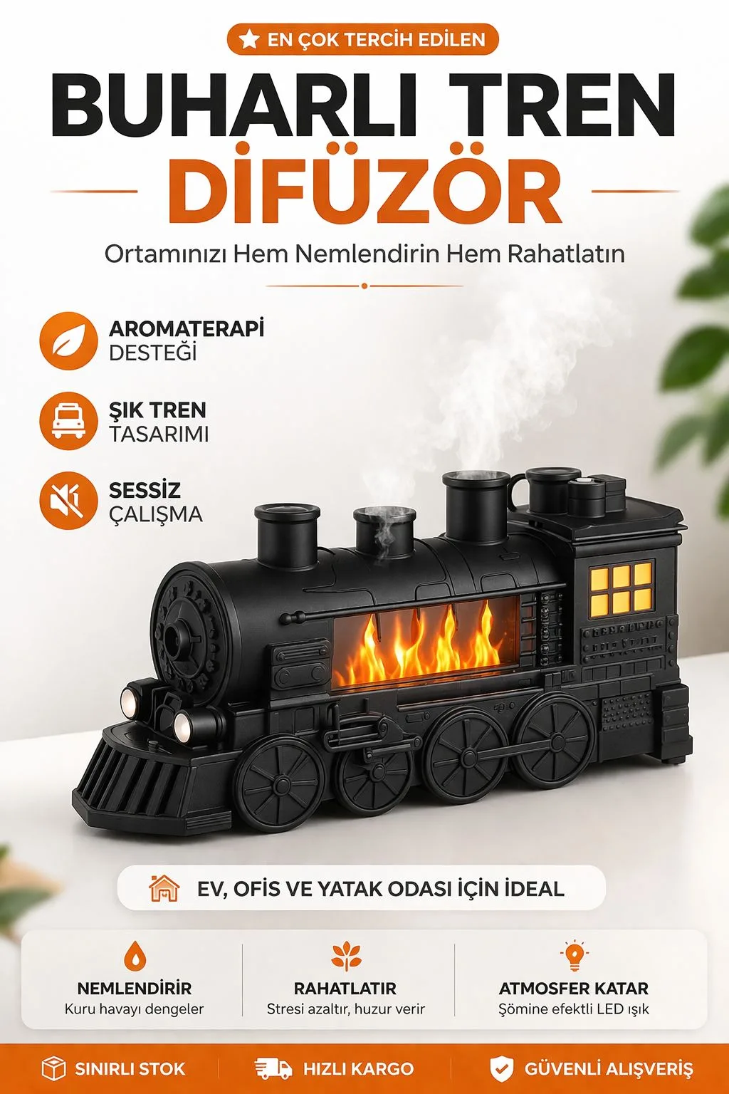 Buharlı Tren Hava Nemlendirici – Aromaterapi, LED – ürün görseli 7