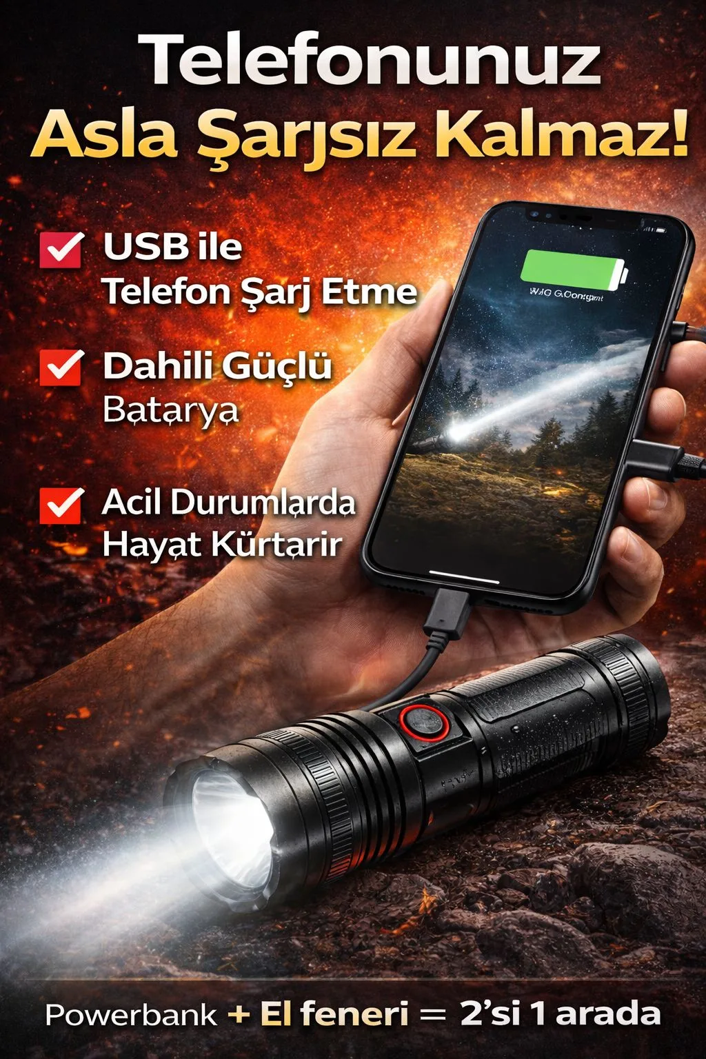 Powerbank Özellikli LED El Feneri – USB Şarjlı – ürün görseli 3