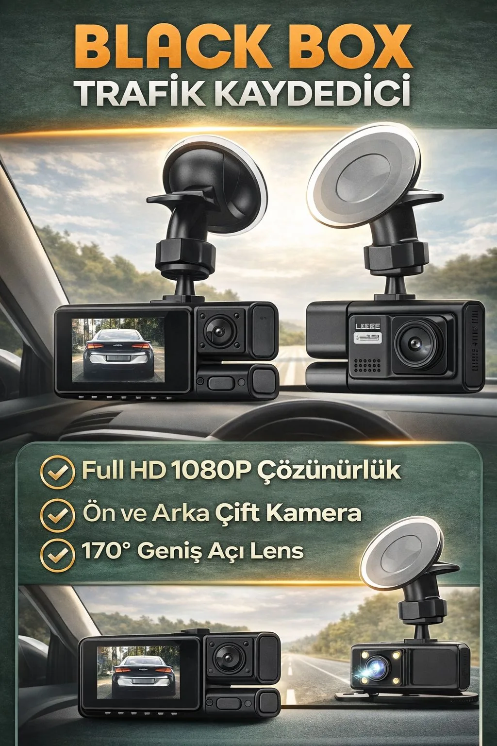 1080P Ön Arka Araç Kamerası – 170° Geniş Açı