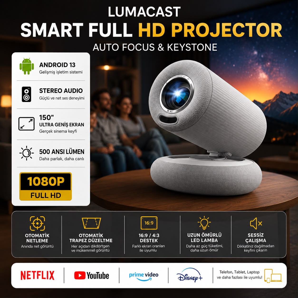 Lumacast Android 13 Akıllı Projeksiyon Cihazı 1080P Full HD 500 ANSI WiFi Otomatik Netleme