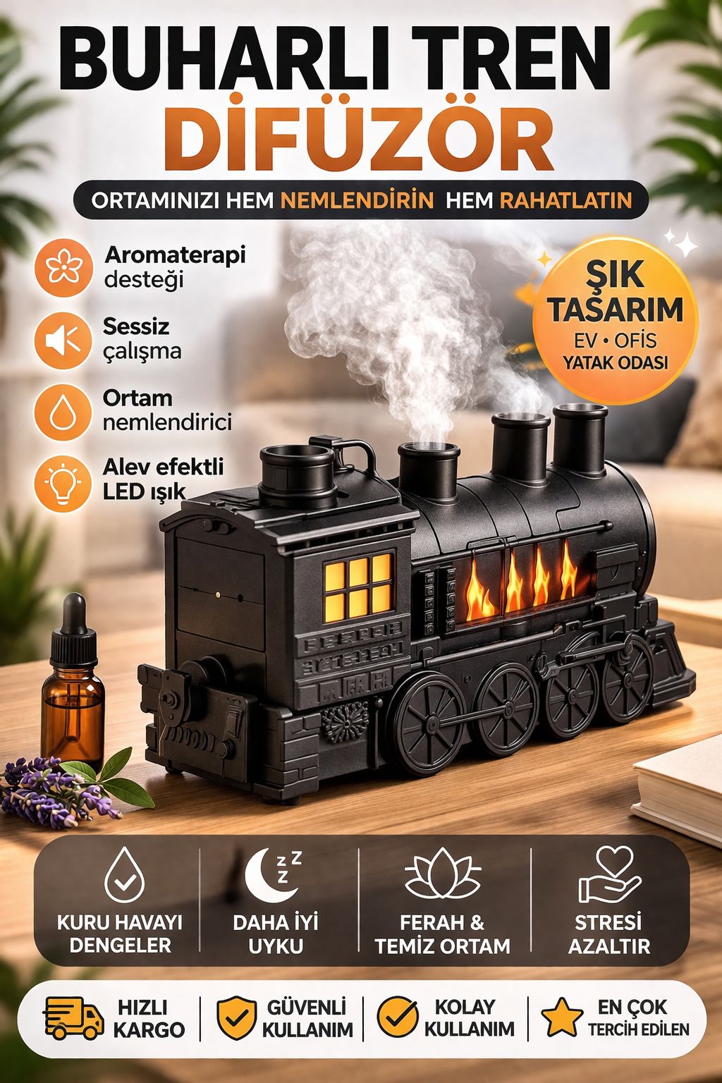 Buharlı Tren Difüzör Hava Nemlendirici Aromaterapi LED Işıklı Sessiz Buhar Makinesi