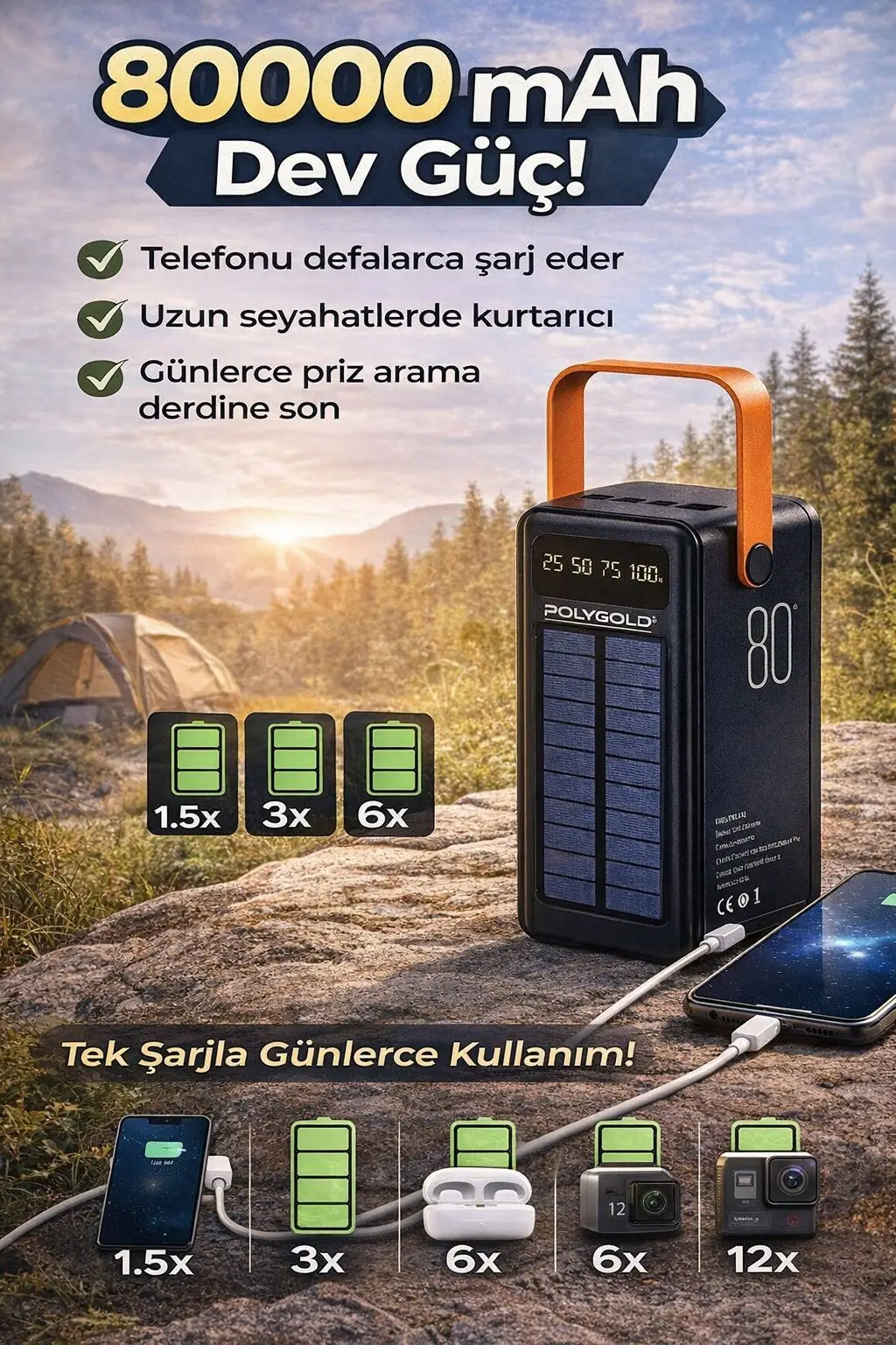 80.000mAh Solar Powerbank – Güneş Enerjili, Hızlı Şarj