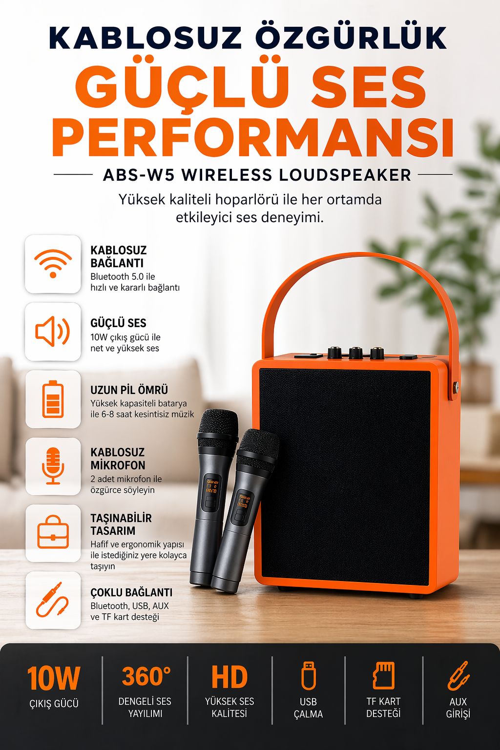 ABS-W5 Kablosuz Bluetooth Hoparlör Mikrofonlu Güçlü Ses Taşınabilir Speaker