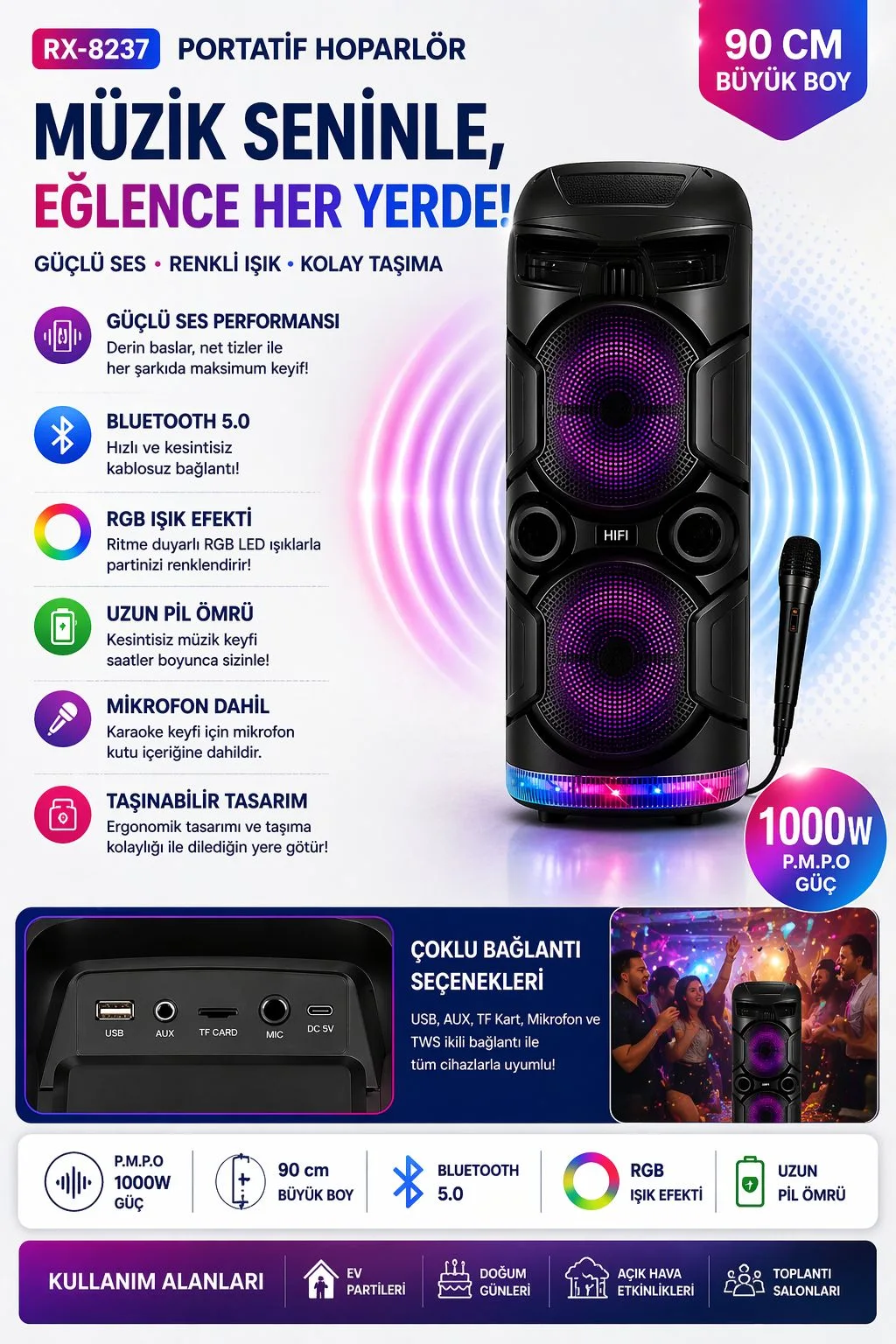 RX-8237 90 cm Karaoke Bluetooth Hoparlör – RGB – ürün görseli 6