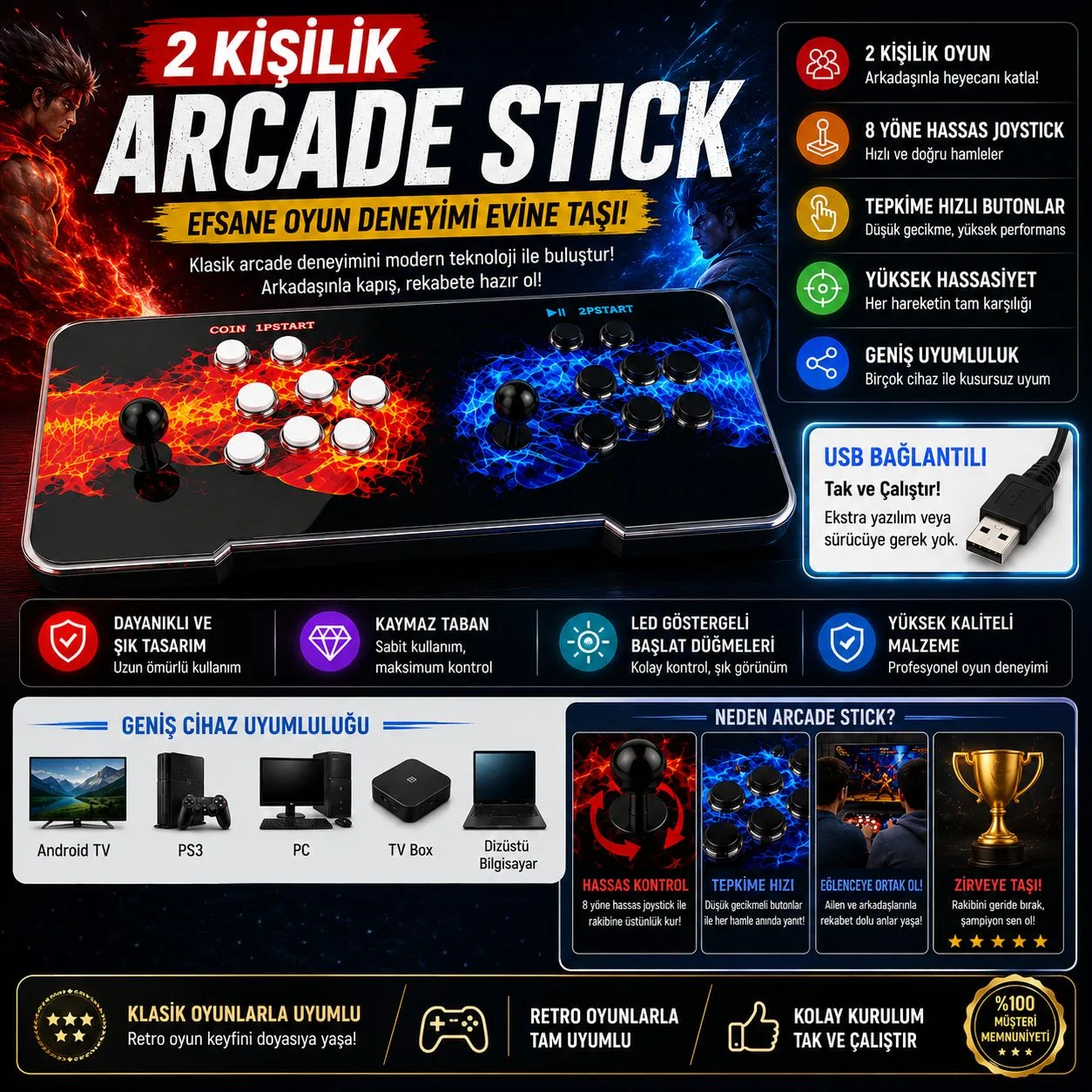 2 Kişilik 2D Arcade Stick – USB, TV ve PC Uyumlu – ürün görseli 6