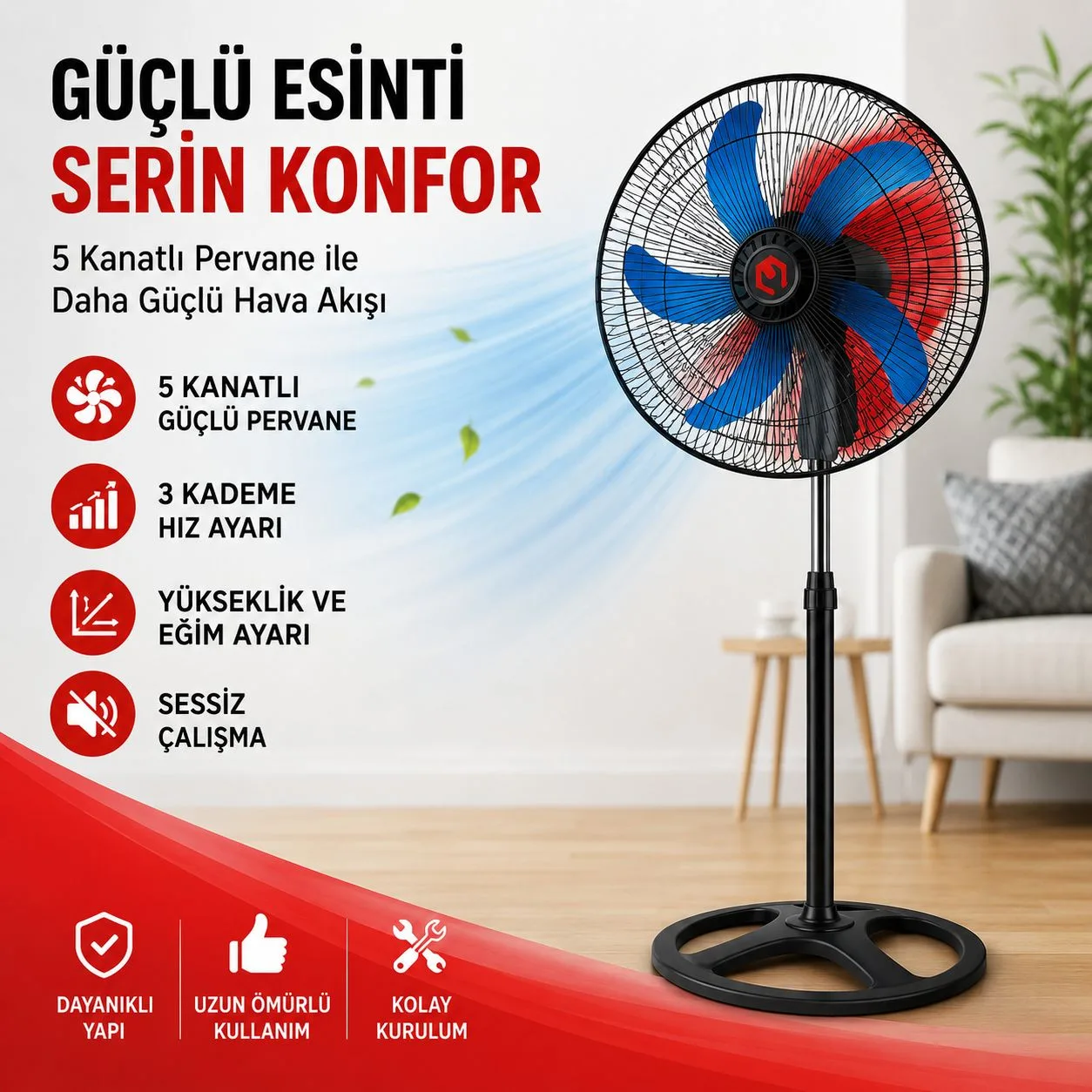5 Kanatlı Ayaklı Vantilatör – Sessiz, 3 Kademe