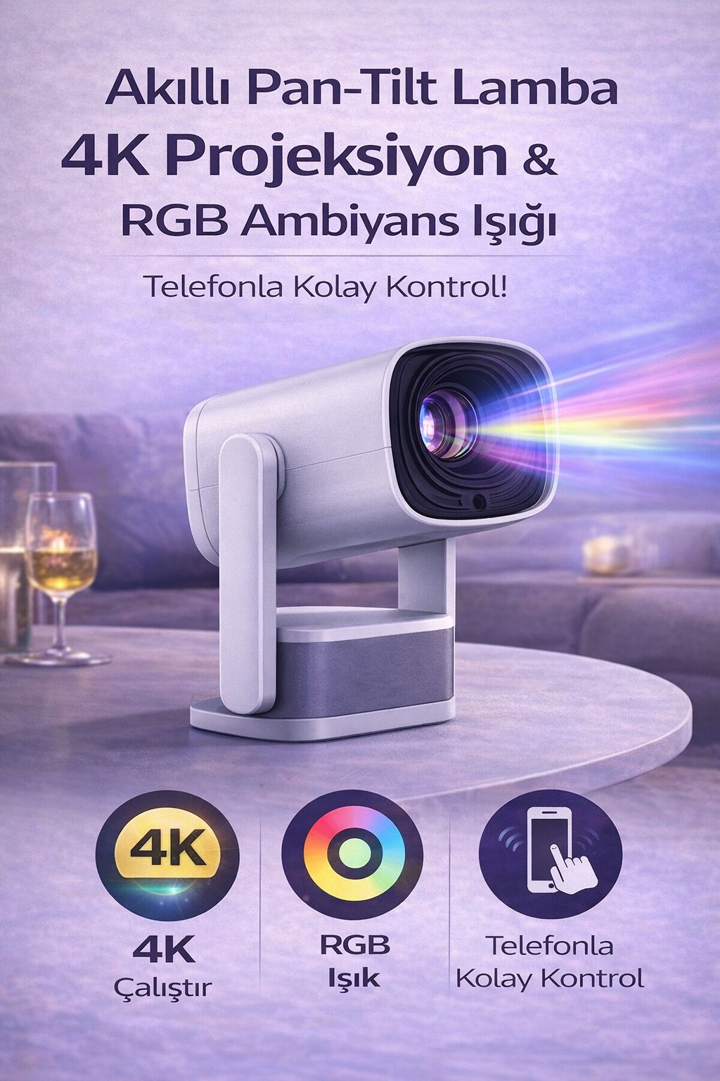Mini Projeksiyon Cihazı Taşınabilir 4K Destekli Kablosuz Ev Sinema Projektör