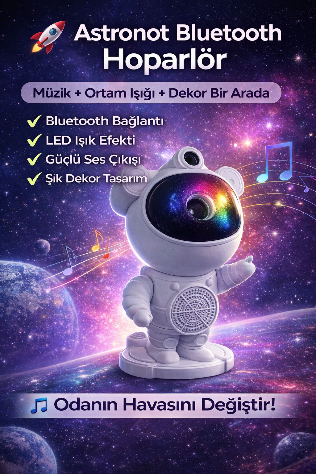 Astronot Bluetooth Hoparlör LED Işıklı Kablosuz Mini Hoparlör Gece Lambası Dekor