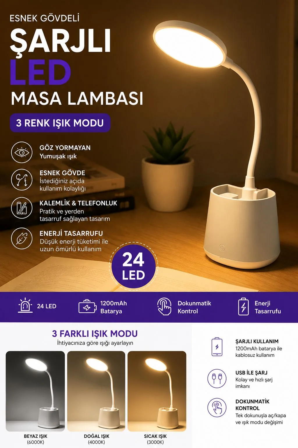 Şarjlı LED Masa Lambası – 3 Renk, Dokunmatik