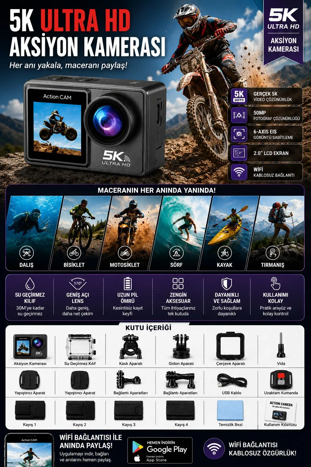 5K Aksiyon Kamerası – WiFi, 50MP, Su Geçirmez Kılıf – ürün görseli 6