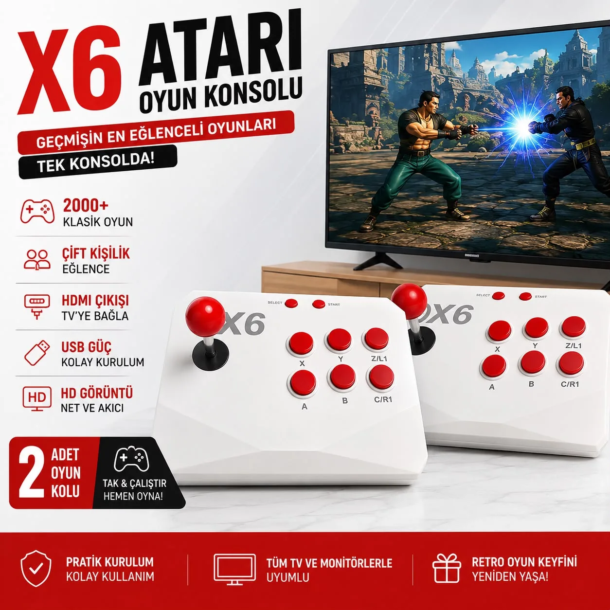 X6 Retro Oyun Konsolu – 2000+ Oyun, Çift Joystick, HDMI