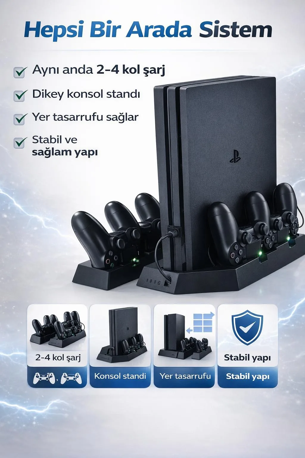PS4 Dikey Stand ve Şarj İstasyonu – Slim/Pro Uyumlu – ürün görseli 3