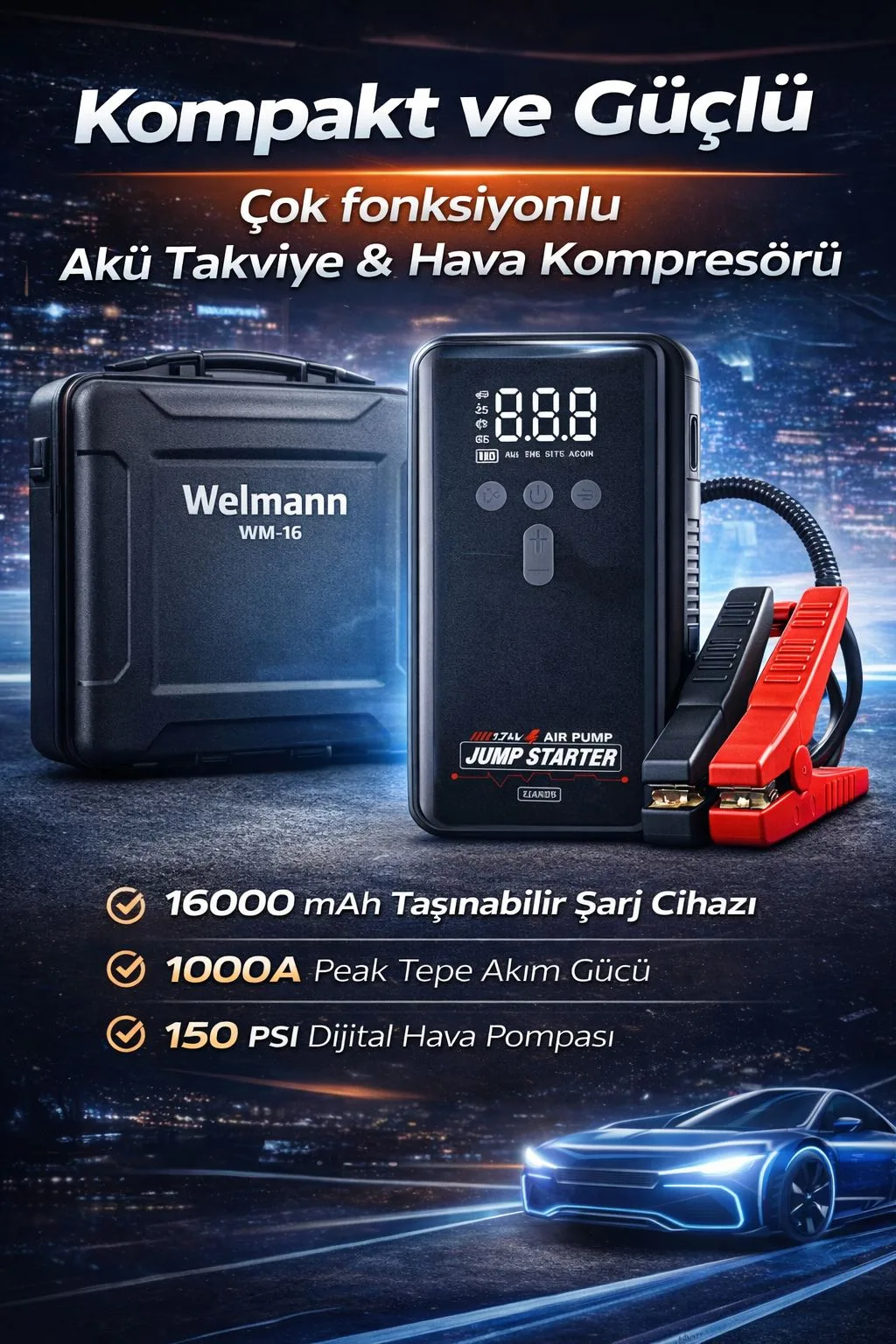 16.000mAh Akü Takviye Cihazı – 1000A, 12V, Kompresör – ürün görseli 3