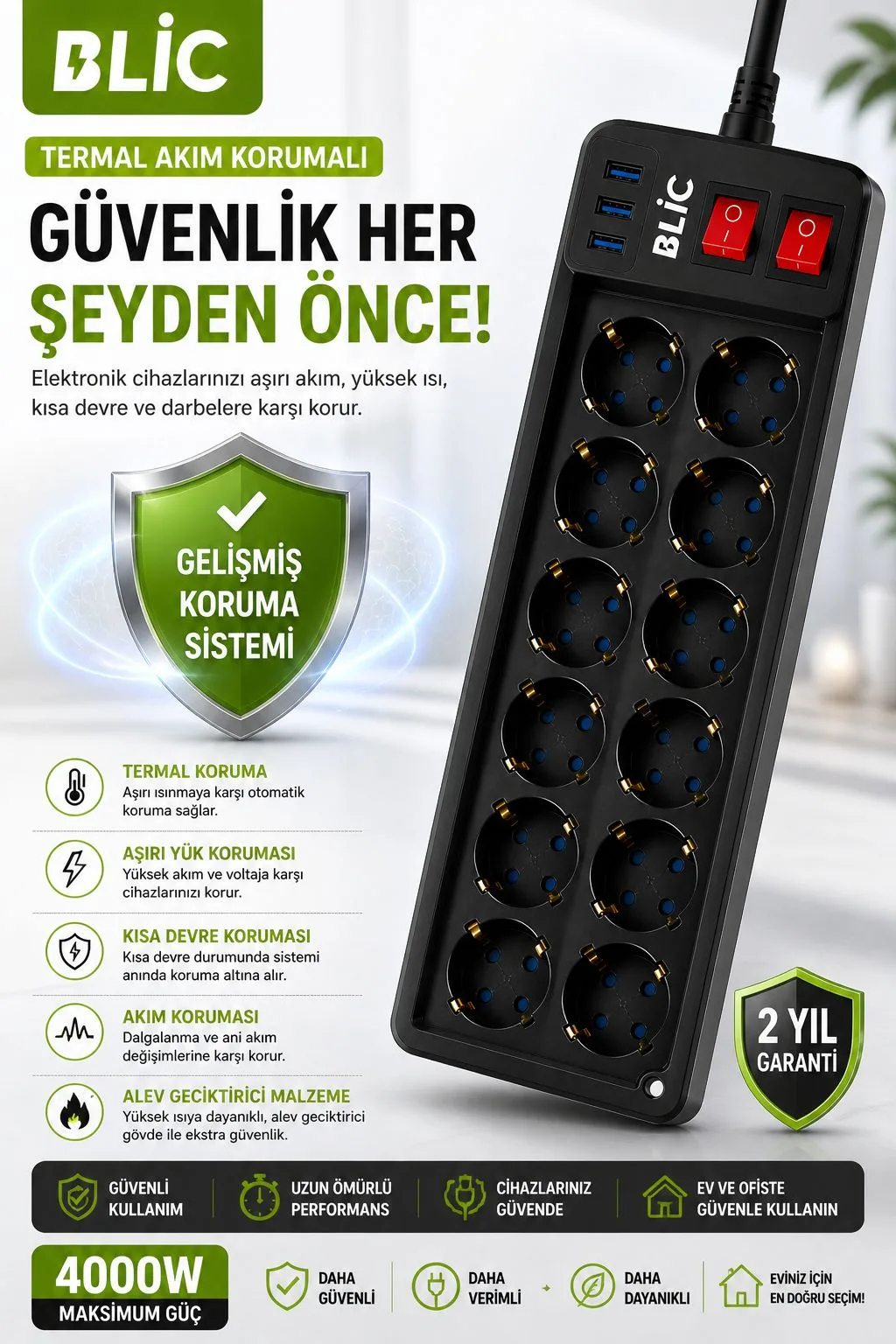 8’li Akım Korumalı Priz – 3 USB, 4000W – ürün görseli 4