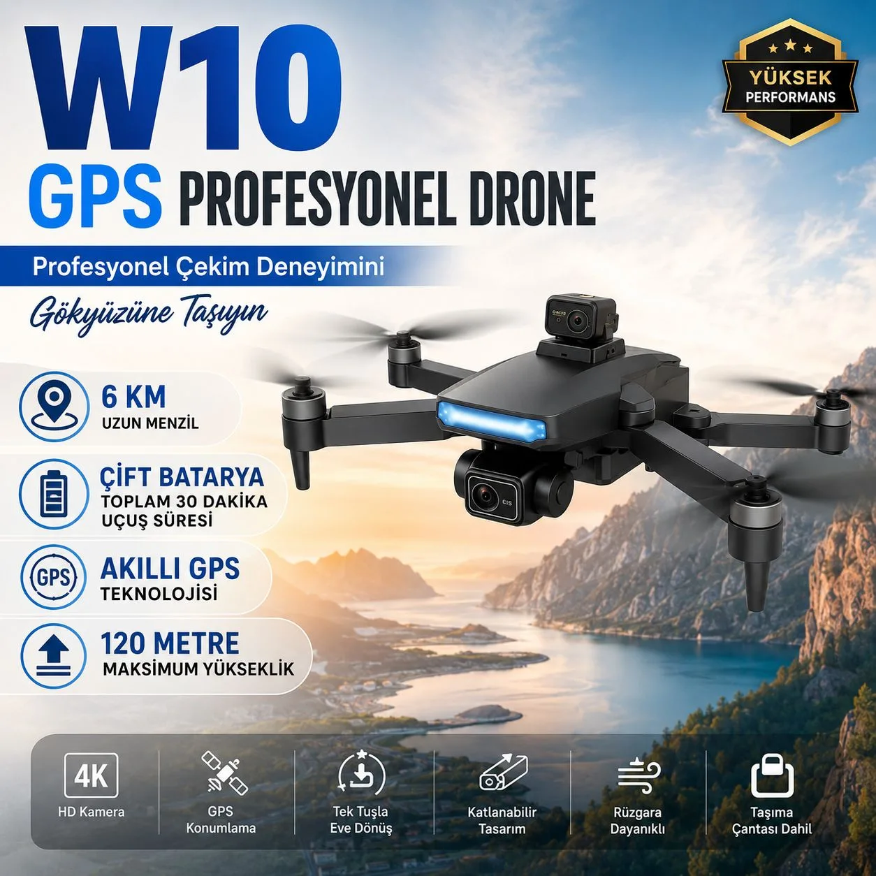 W10 GPS Drone – 4K Kamera, 6 KM Menzil, Çift Batarya